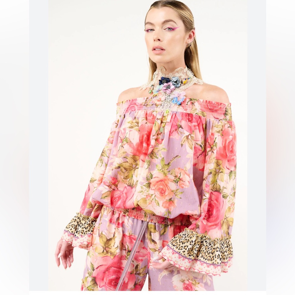 Aratta Rosaline Blouse Top Flowy Ruffle Off Shoulder Smocked Rose Floral Large - Picture 3 of 13